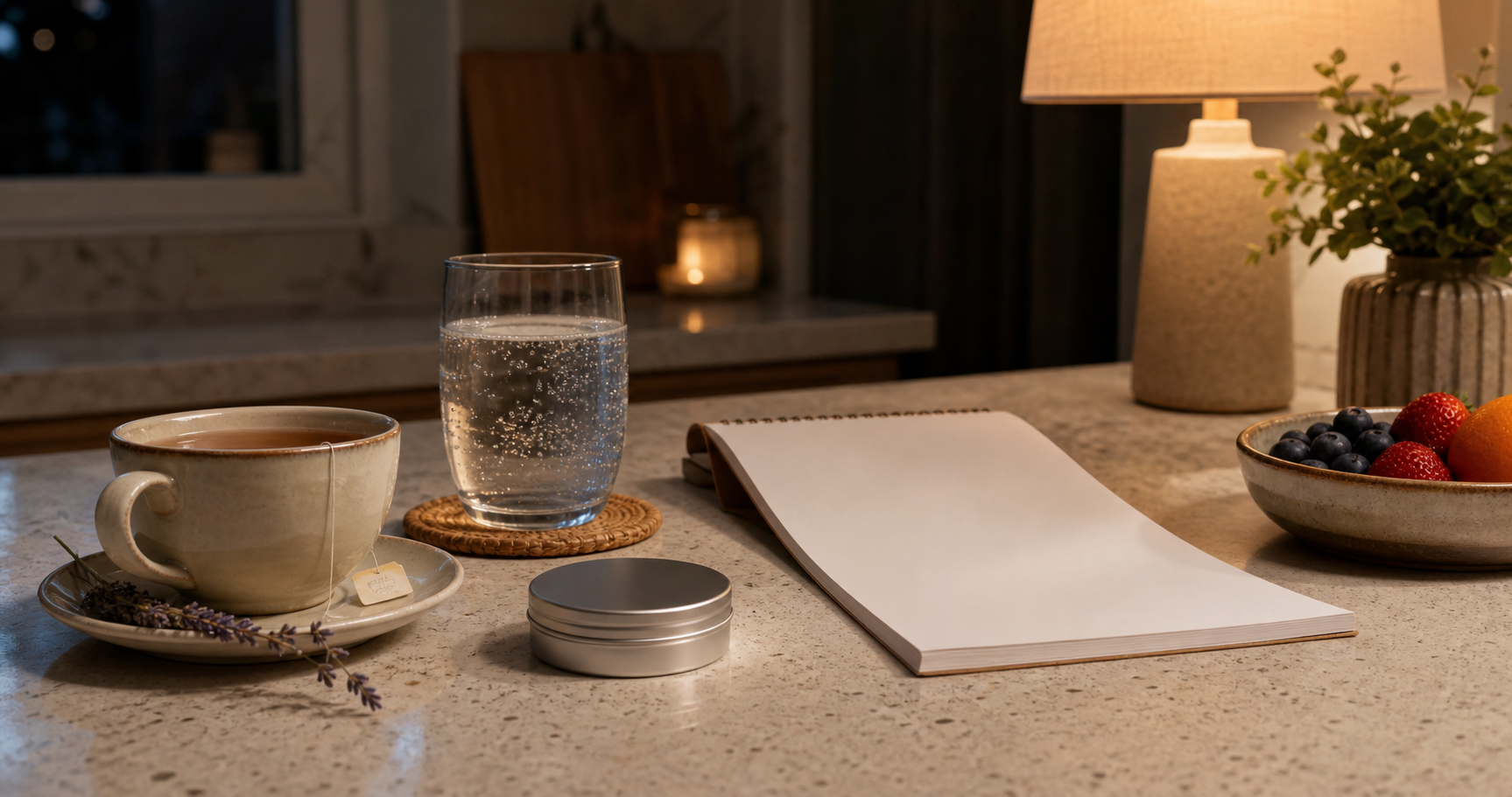Evening counter with tea, sparkling water, fruit, a notebook, and an unlabeled tin.