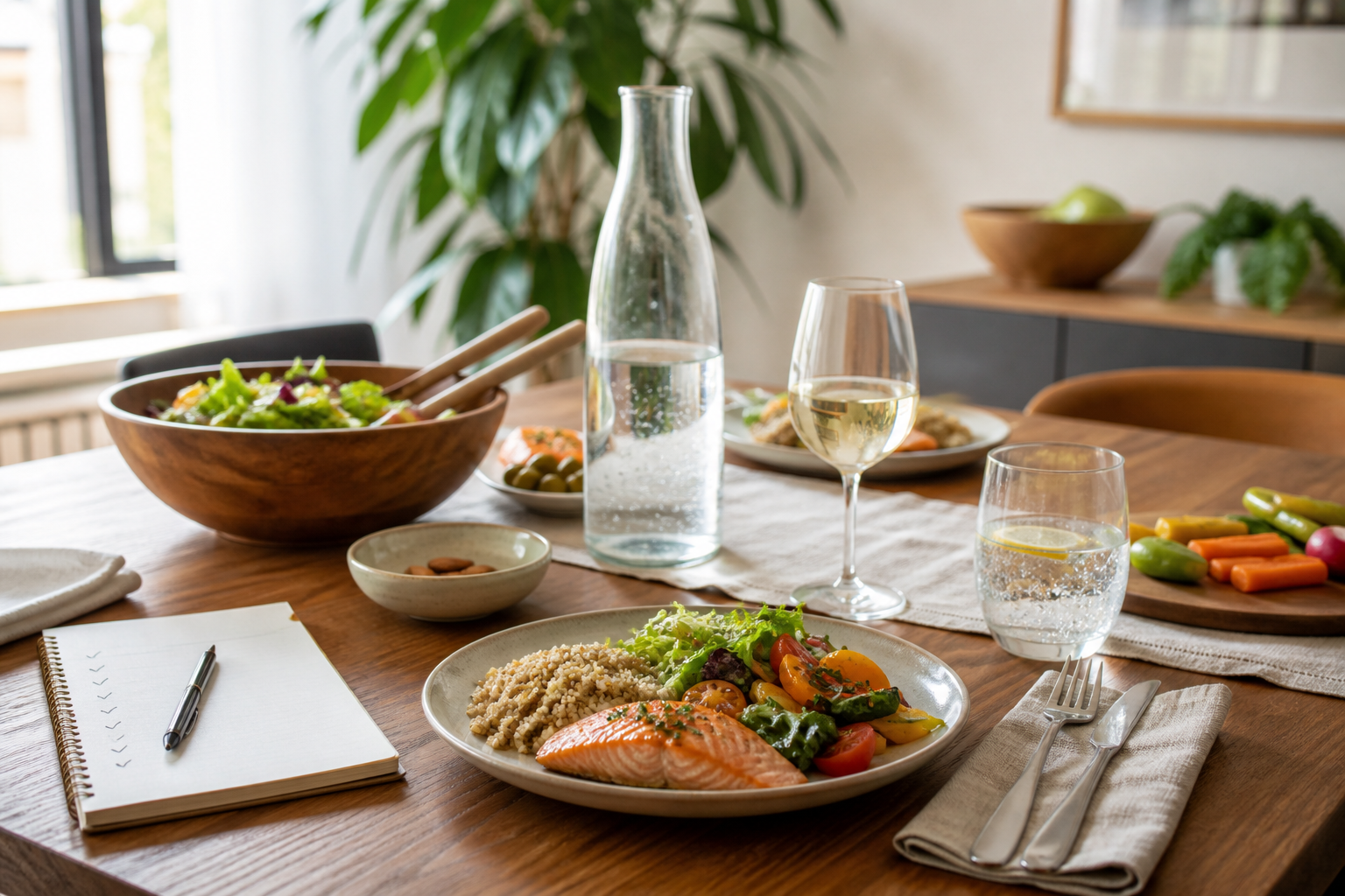 Balanced meal, water, and a small glass of wine arranged on a calm dining table.
